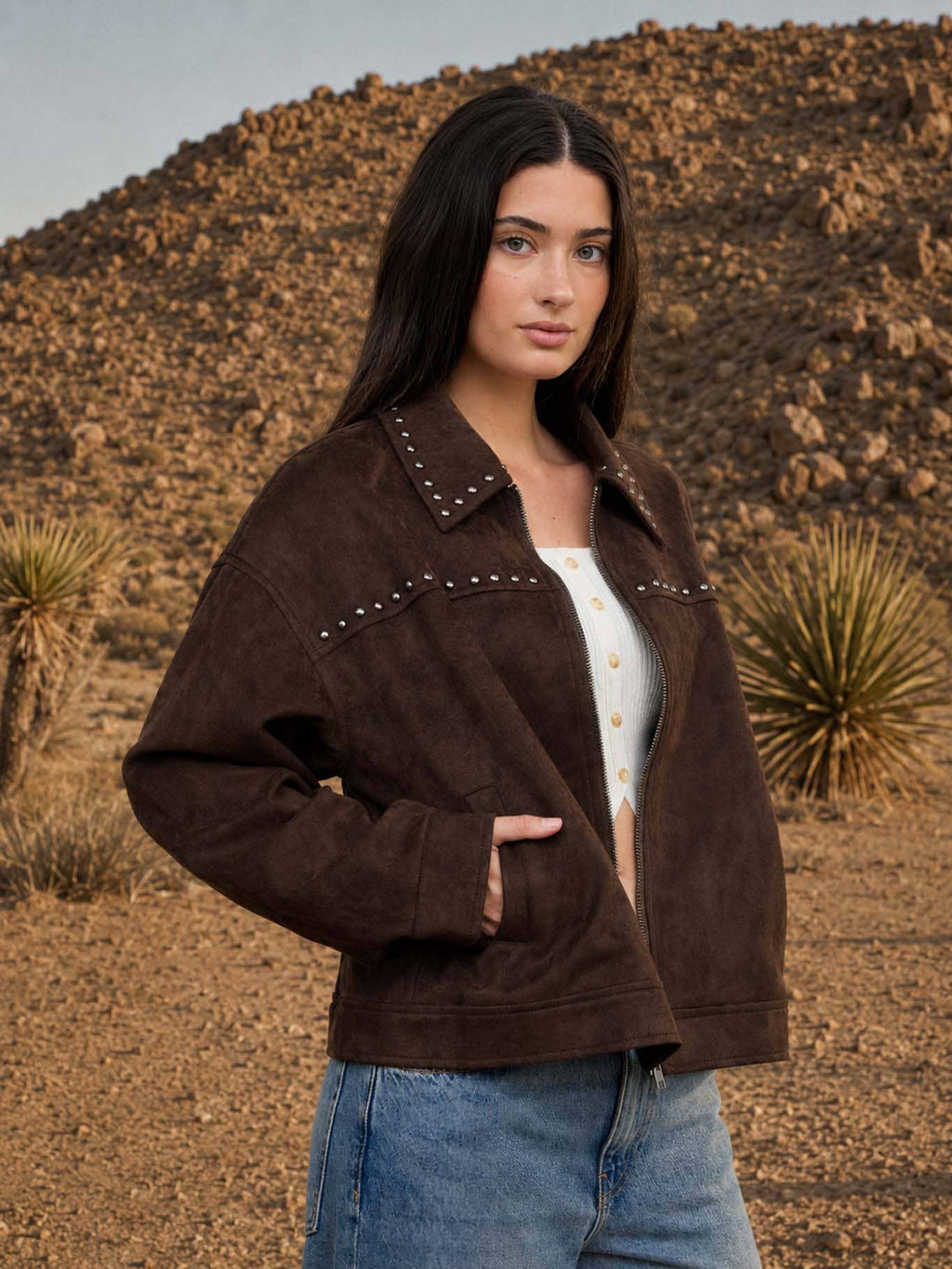 Rustic Rebel Collared Zip-Up Studded Suede Jacket