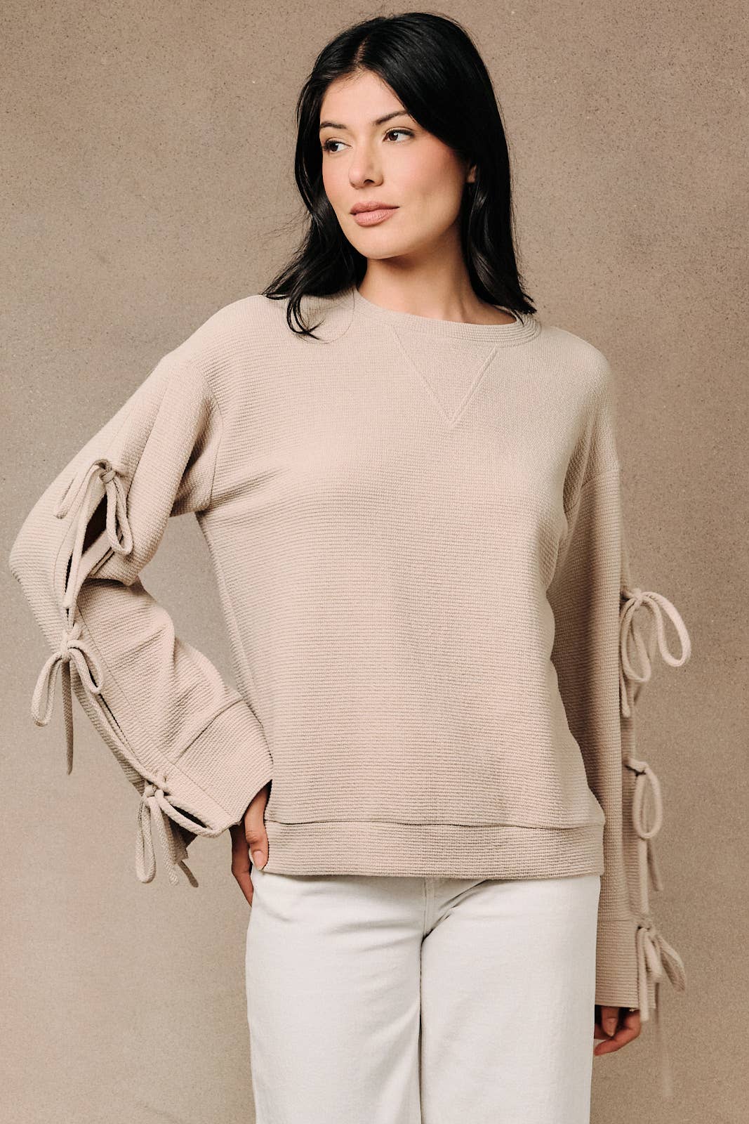 Ribbed Long Sleeve Side Tie Pullover