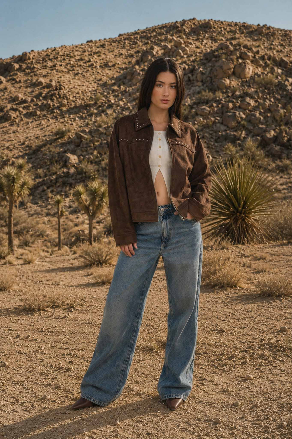 Rustic Rebel Collared Zip-Up Studded Suede Jacket