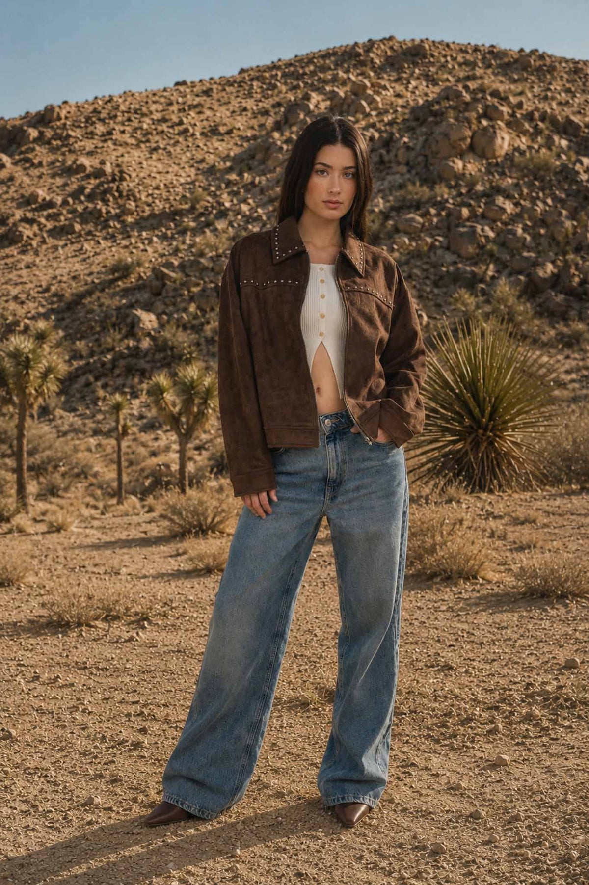 Rustic Rebel Collared Zip-Up Studded Suede Jacket