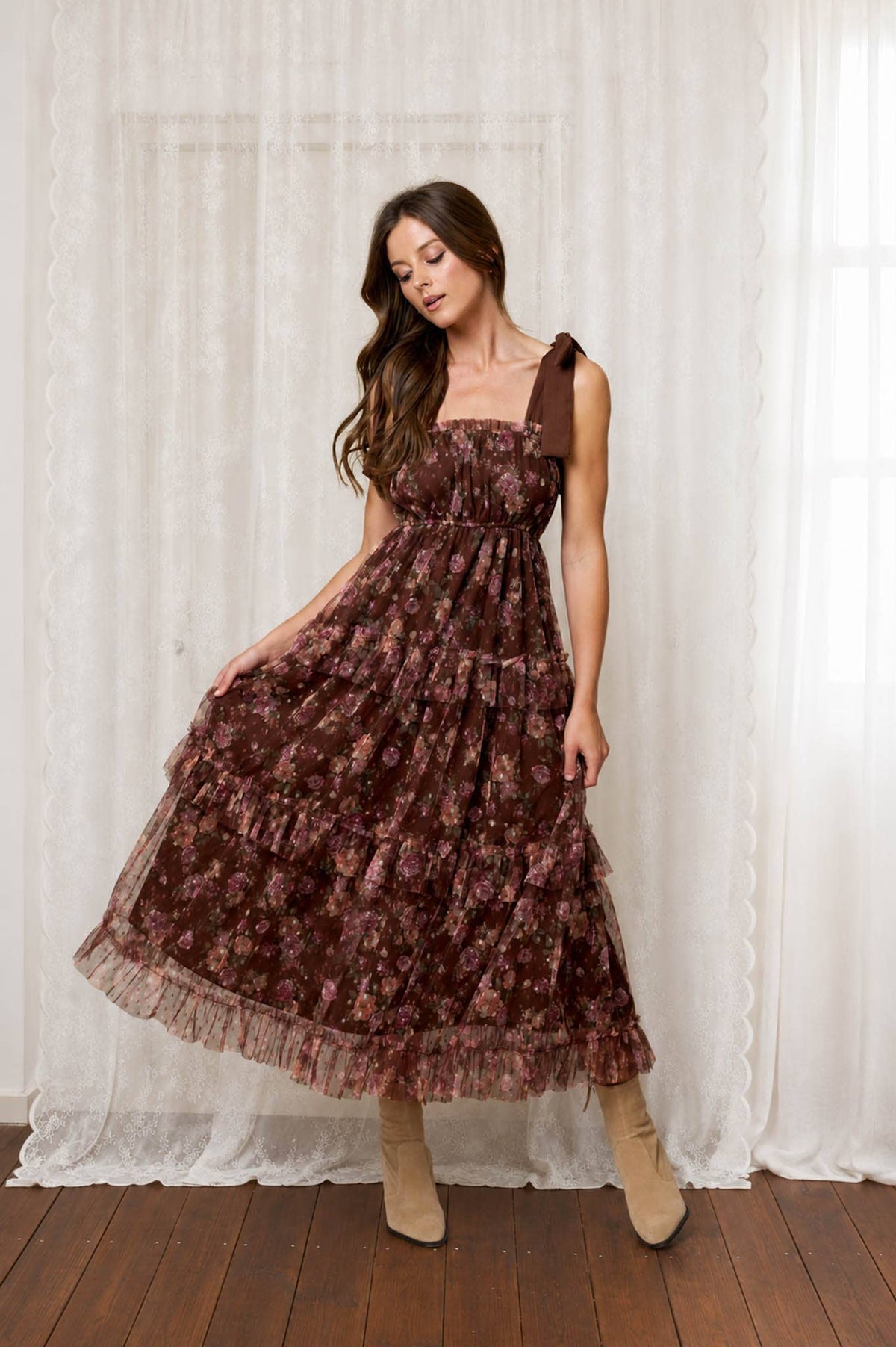 Brown Sugar Bloom Tiered Mesh Floral Dress