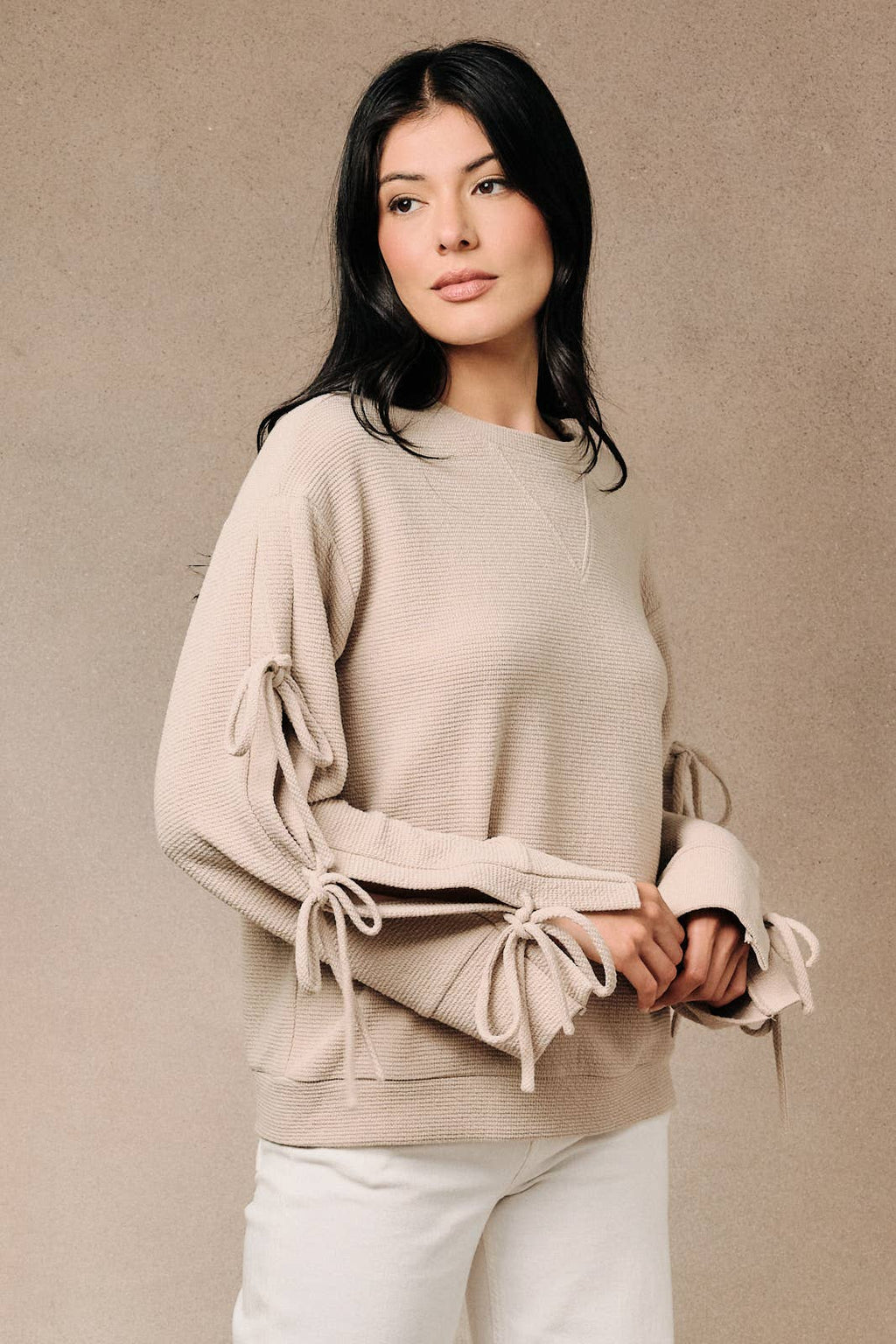 Ribbed Long Sleeve Side Tie Pullover