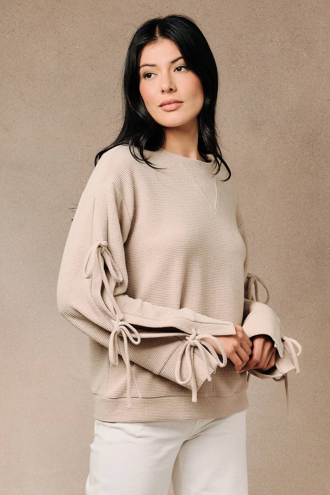 Ribbed Long Sleeve Side Tie Pullover