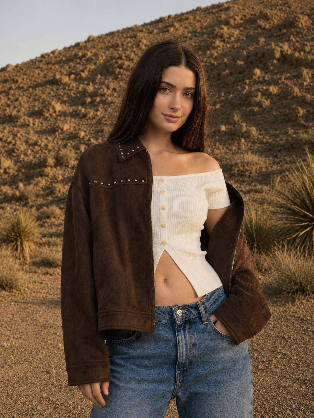 Rustic Rebel Collared Zip-Up Studded Suede Jacket