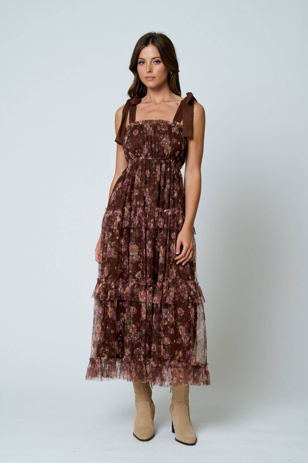 Brown Sugar Bloom Tiered Mesh Floral Dress