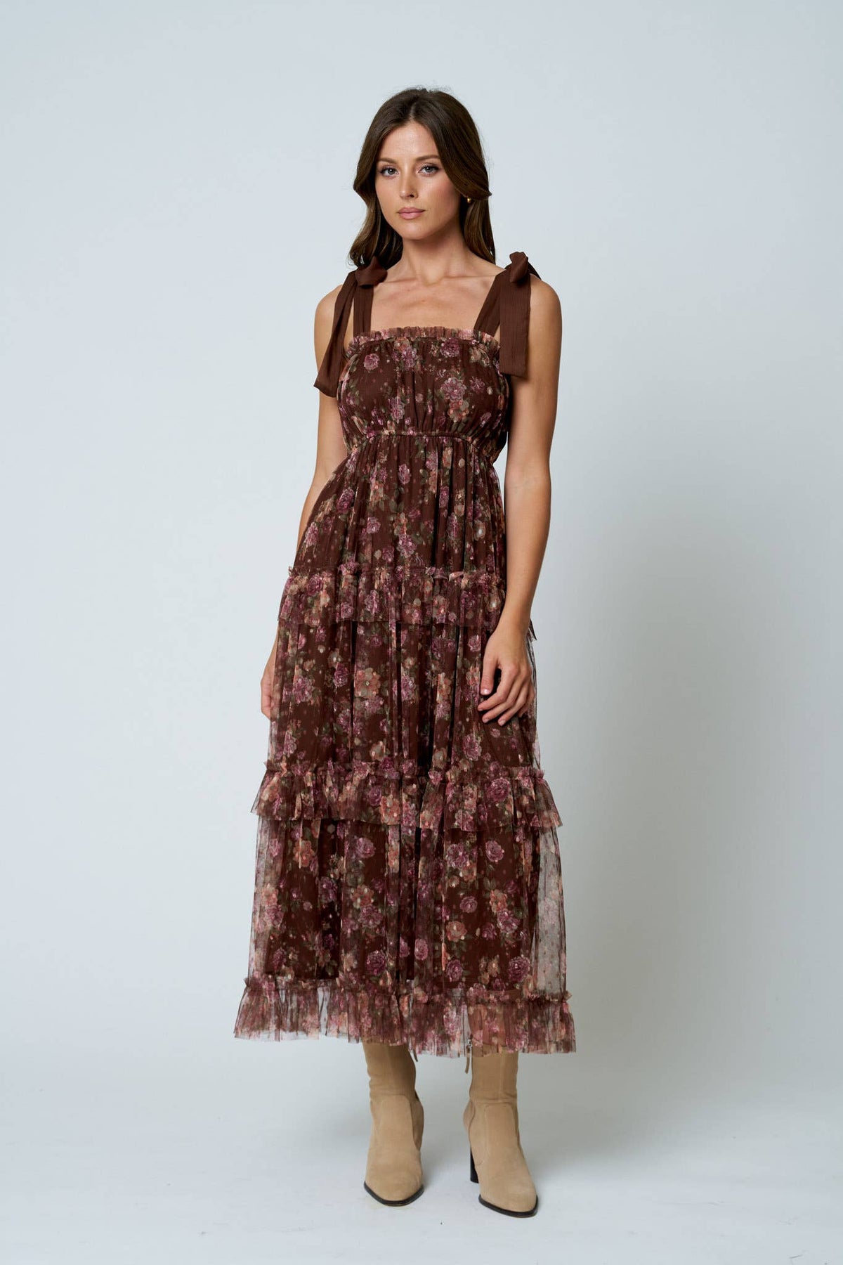 Brown Sugar Bloom Tiered Mesh Floral Dress