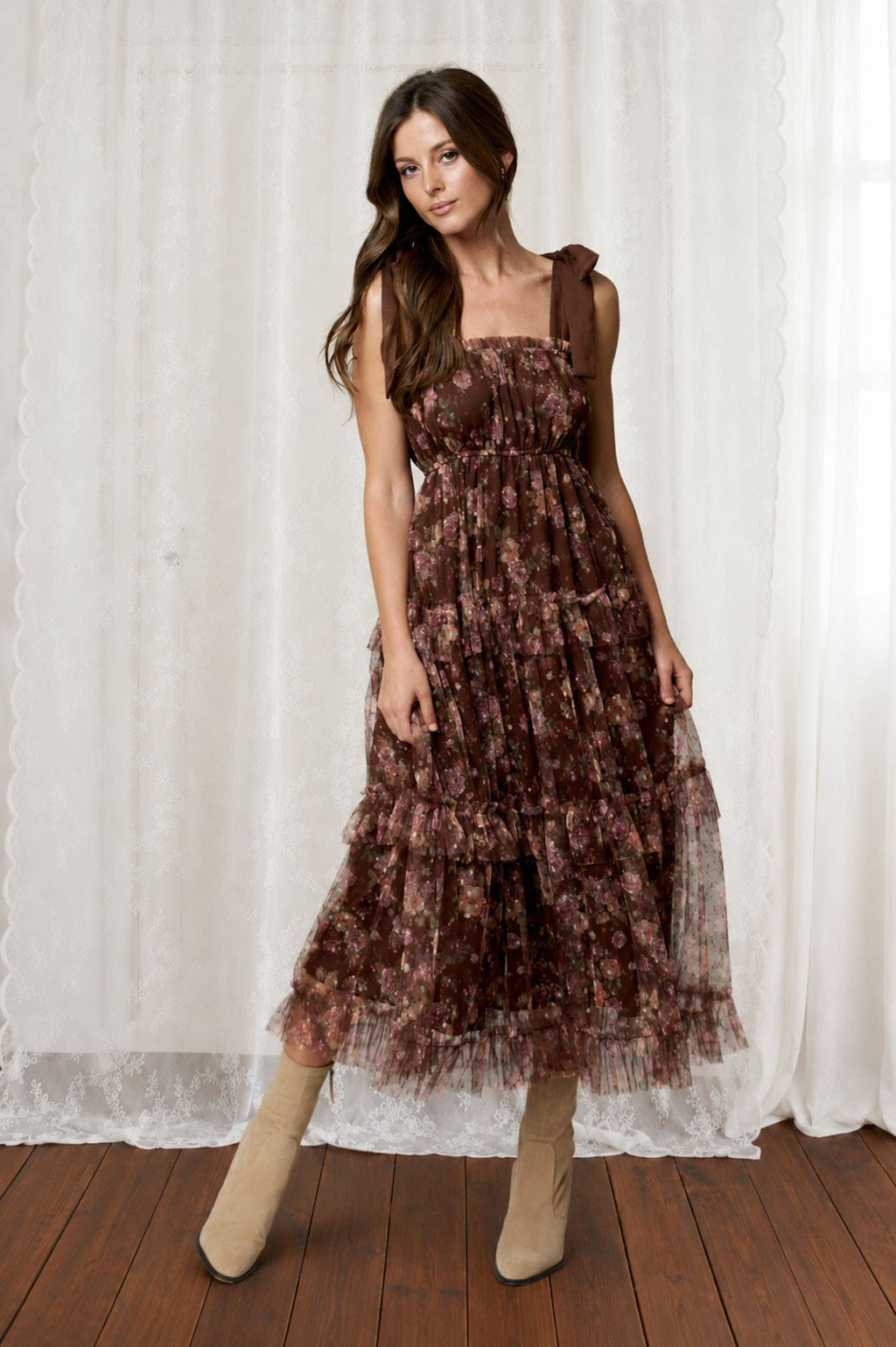 Brown Sugar Bloom Tiered Mesh Floral Dress