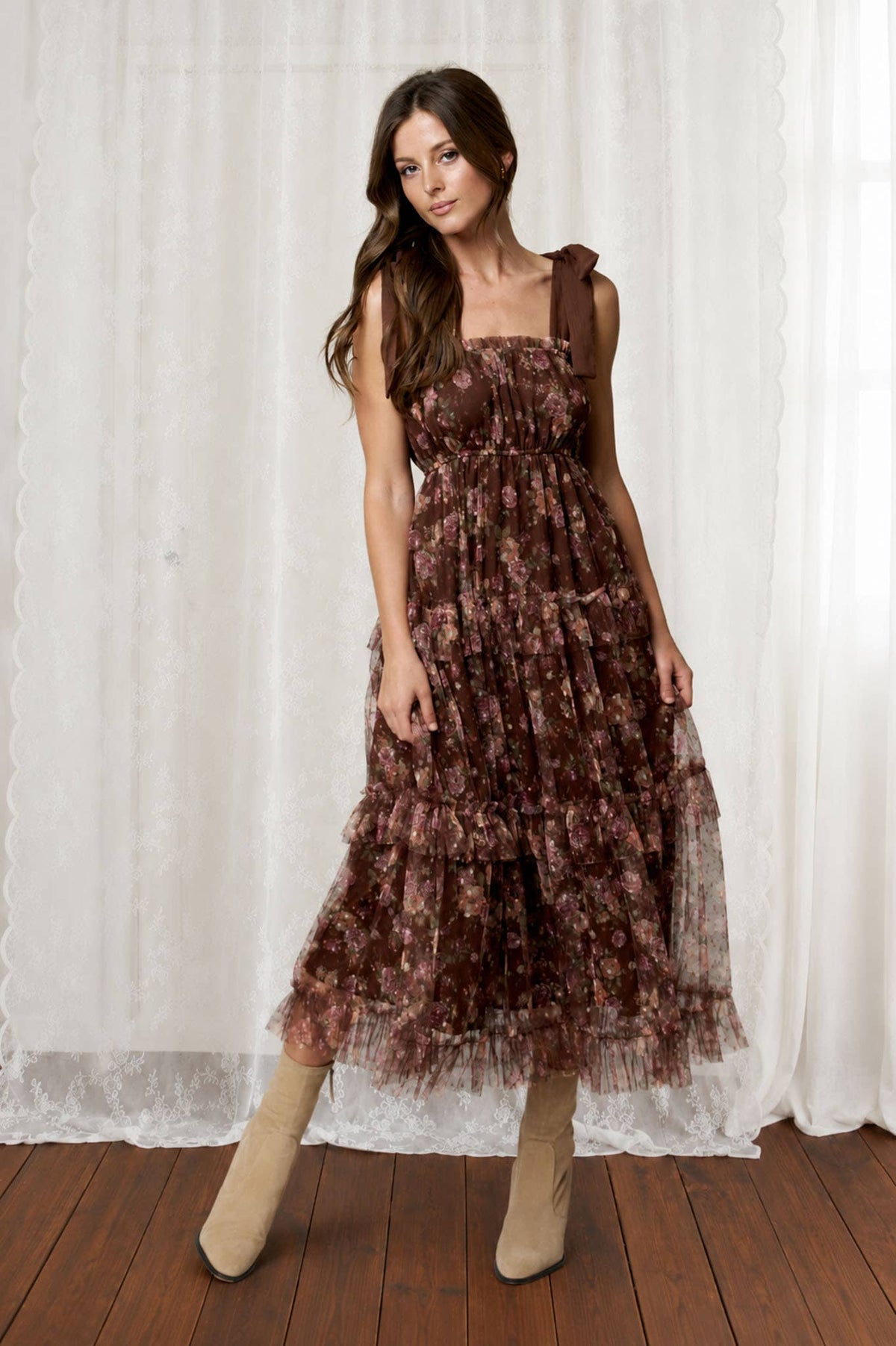 Brown Sugar Bloom Tiered Mesh Floral Dress