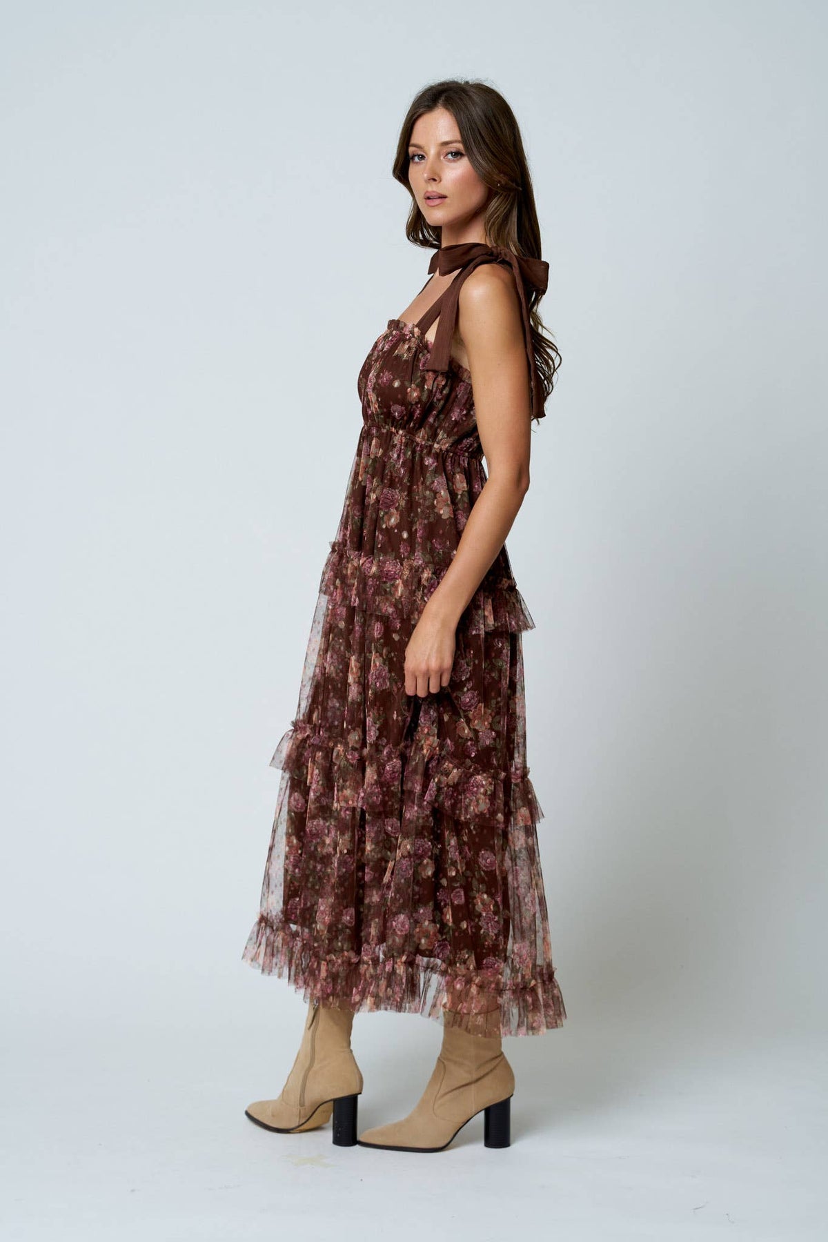 Brown Sugar Bloom Tiered Mesh Floral Dress