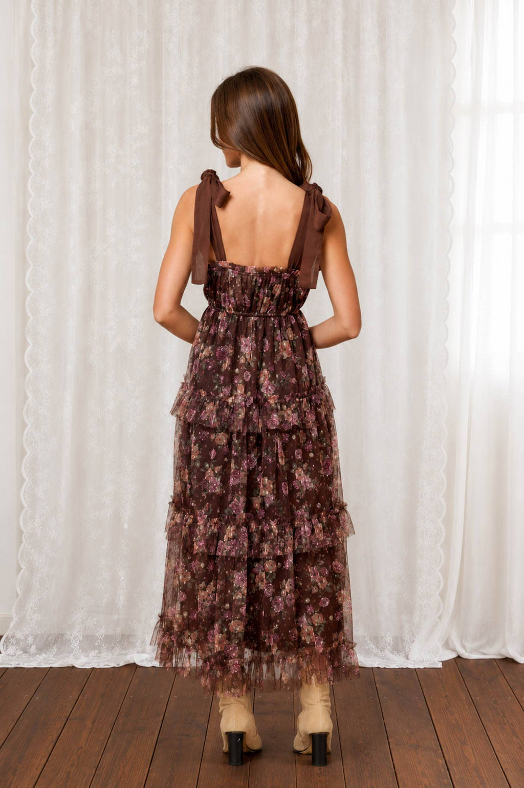 Brown Sugar Bloom Tiered Mesh Floral Dress