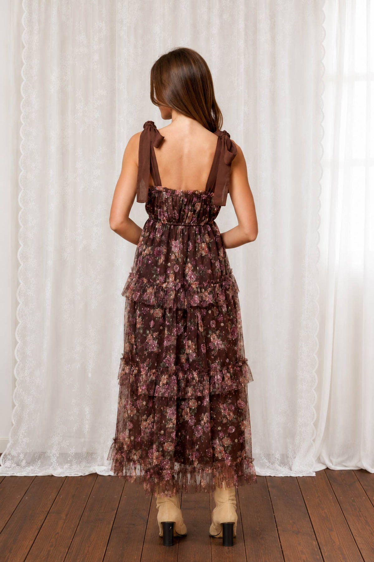 Brown Sugar Bloom Tiered Mesh Floral Dress