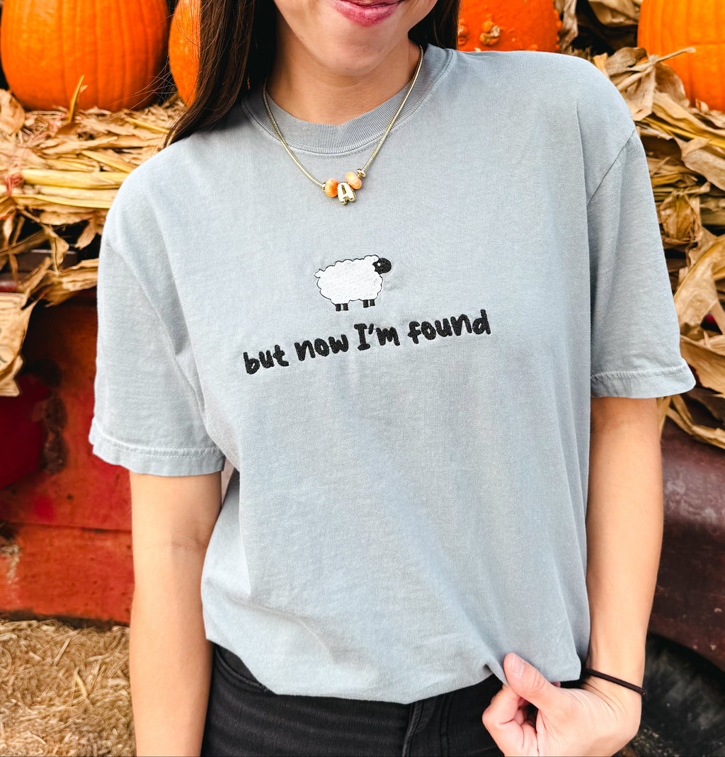 A woman wearing a light blue-gray graphic t-shirt with a cartoon sheep and the text 'but now I'm found' in front of a fall harvest background with pumpkins and dried leaves.