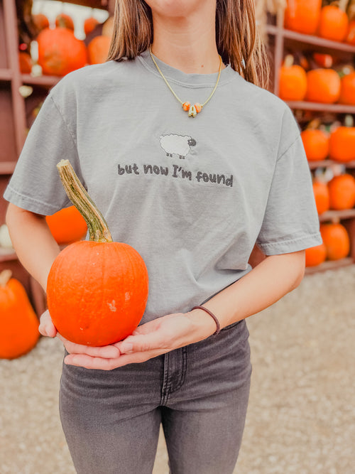 A woman in a gray graphic t-shirt holding a small orange pumpkin in a pumpkin patch. The t-shirt features a sheep graphic and the text 'but now I'm found'.