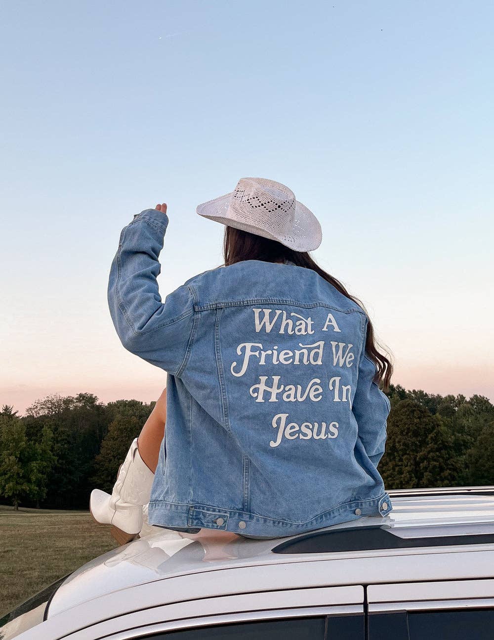 What a Friend In Jesus Denim Jacket: XS
