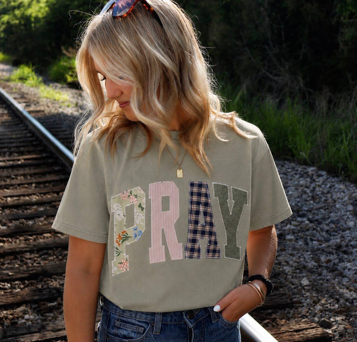 Pray Embroidered Short Sleeve Tee in Sage